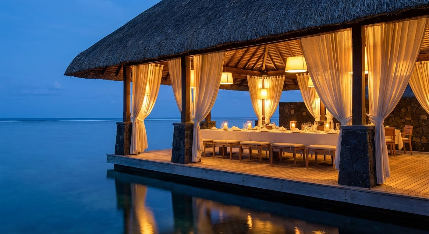 Overwater restaurant at dusk